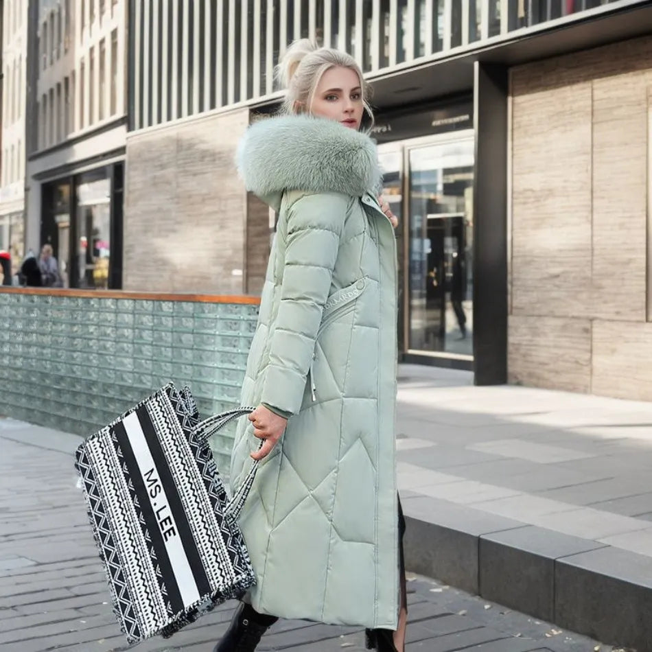 Tahlia Quilted Longline Coat with Plush-Trim Hood - Green