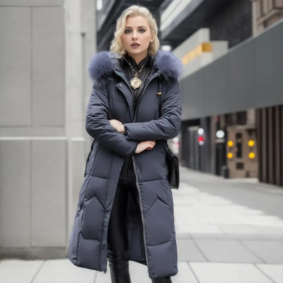 Tahlia Quilted Longline Coat with Plush-Trim Hood - Gray