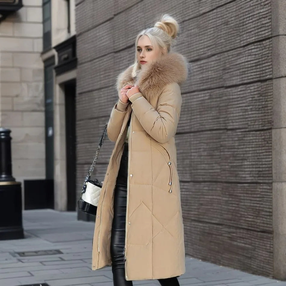Tahlia Quilted Longline Coat with Plush-Trim Hood - Khaki
