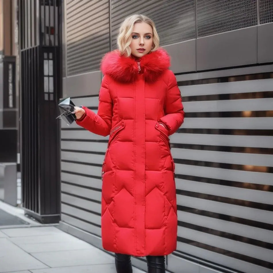 Tahlia Quilted Longline Coat with Plush-Trim Hood - Red