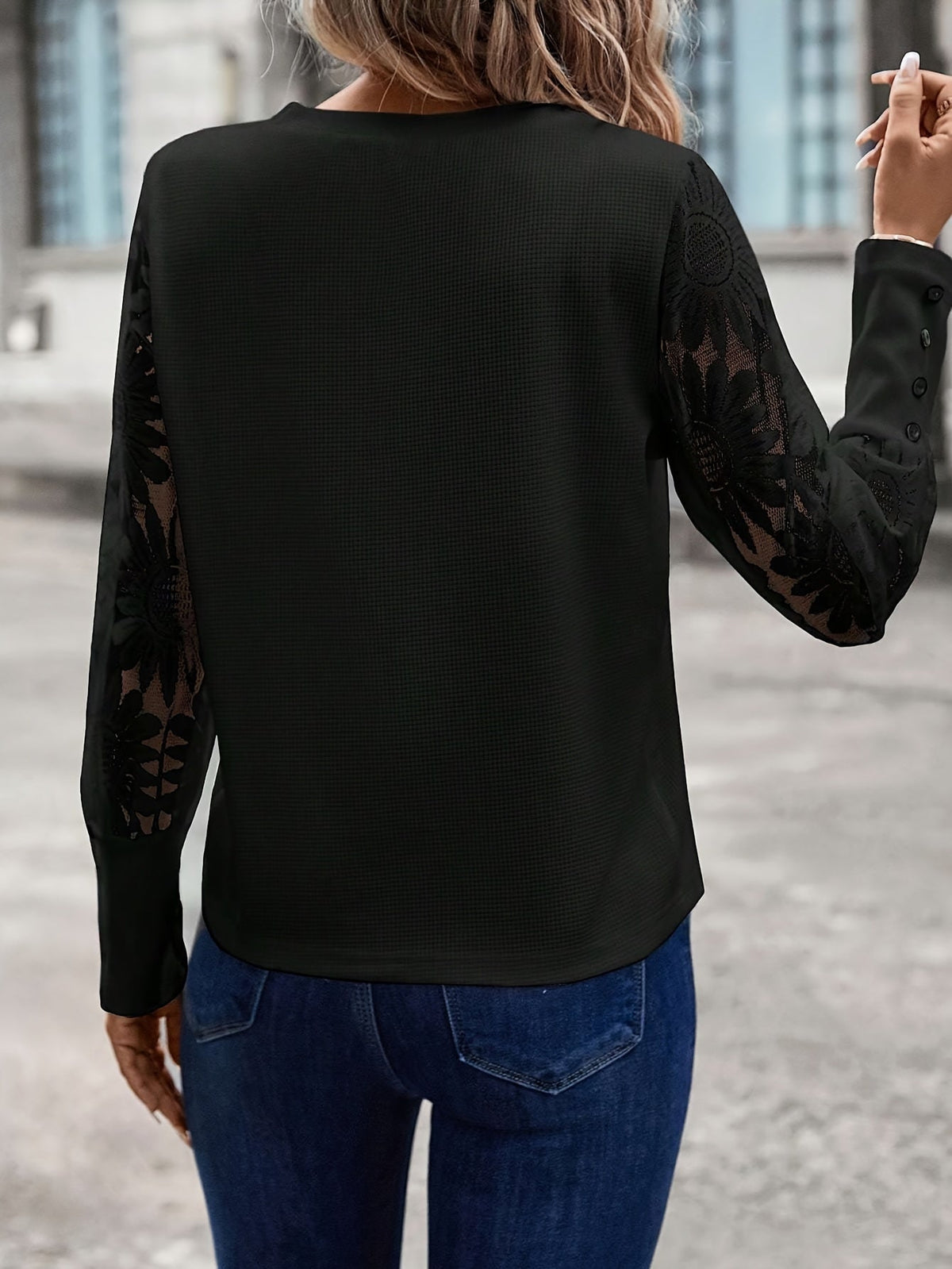 Thea Knit Top with Floral Lace Sleeves for Women
