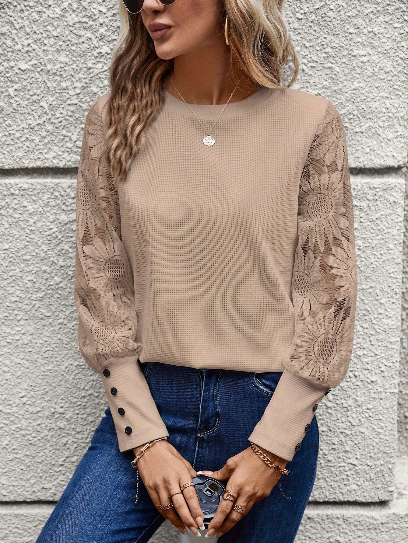 Thea Knit Top with Floral Lace Sleeves for Women - Apricot