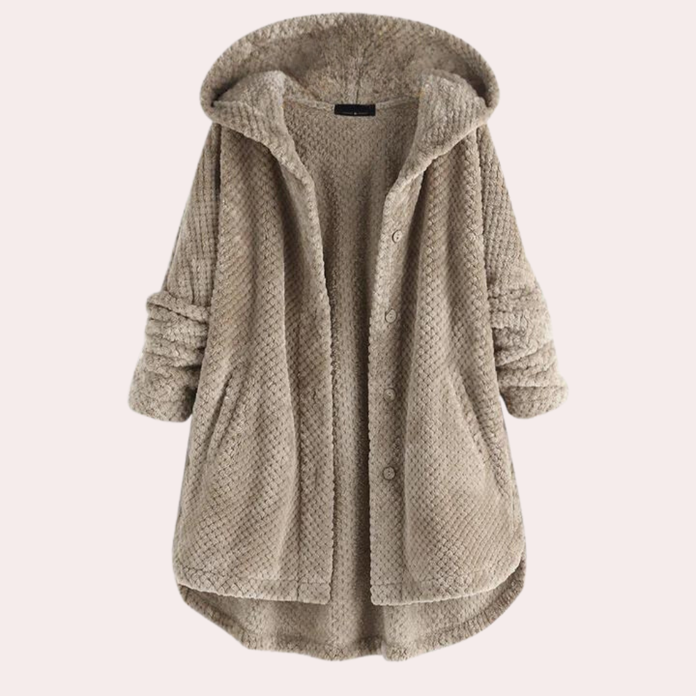 Vera Textured Coat with Hood and Button Front - Khaki