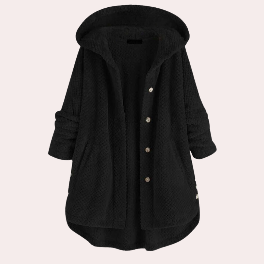 Vera Textured Coat with Hood and Button Front - Black