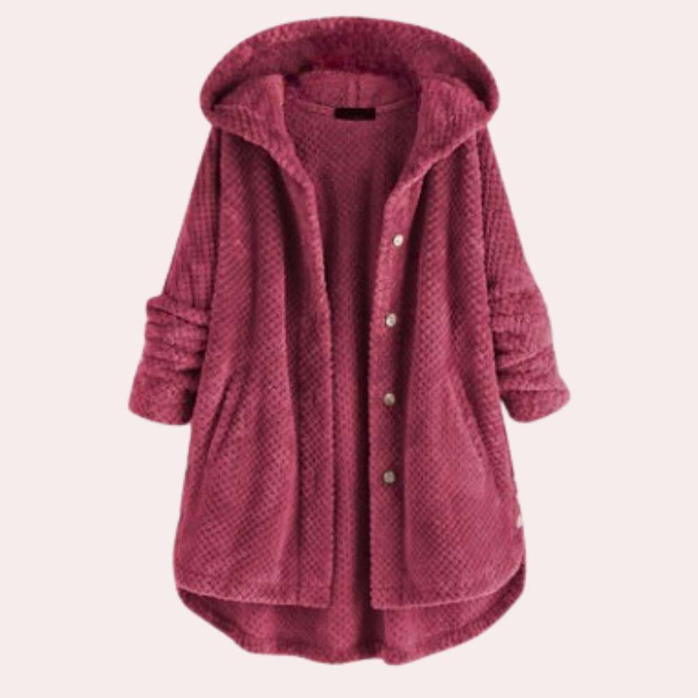 Vera Textured Coat with Hood and Button Front - Wine Red