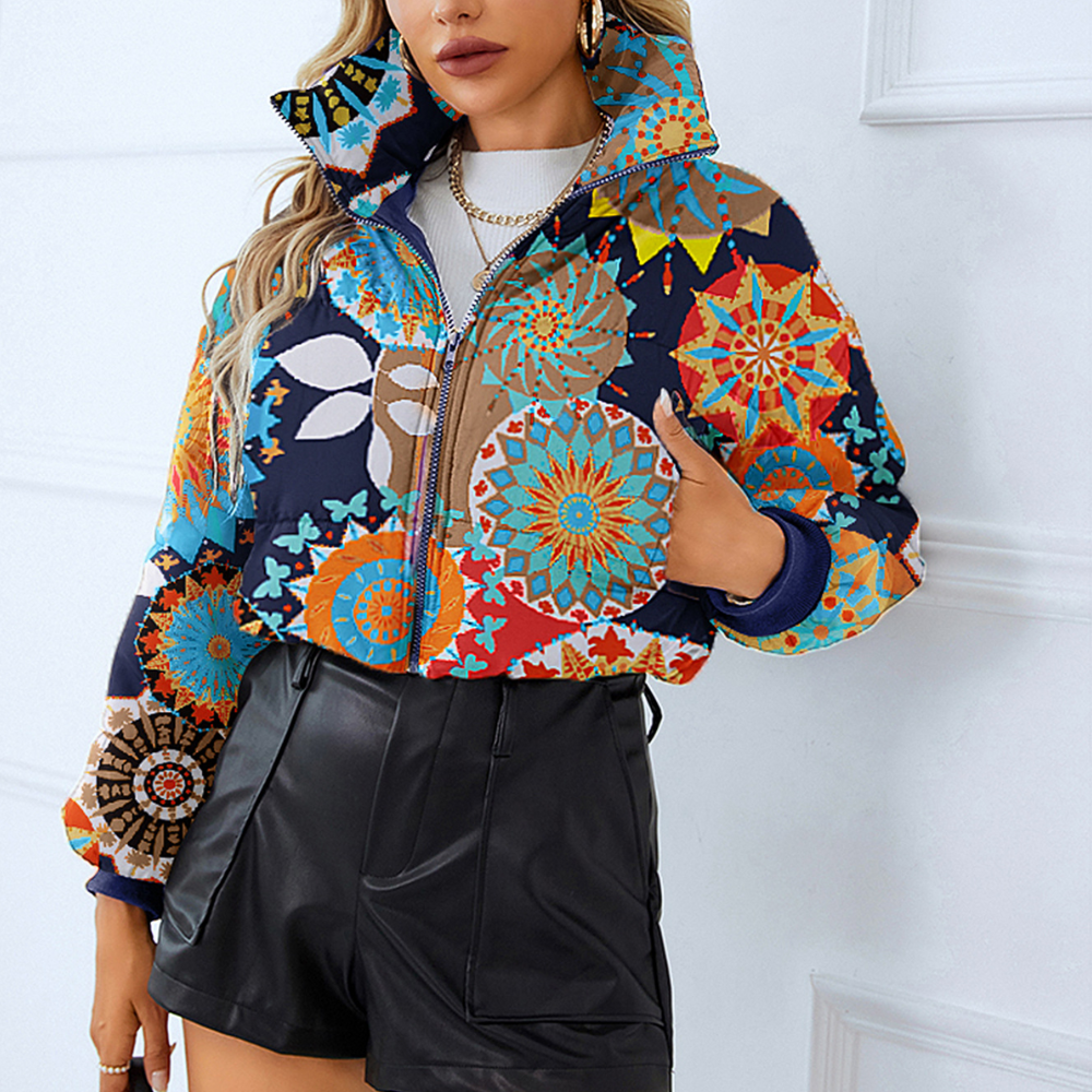 Verena Printed Jacket with Stand Collar for Women - Navy Blue