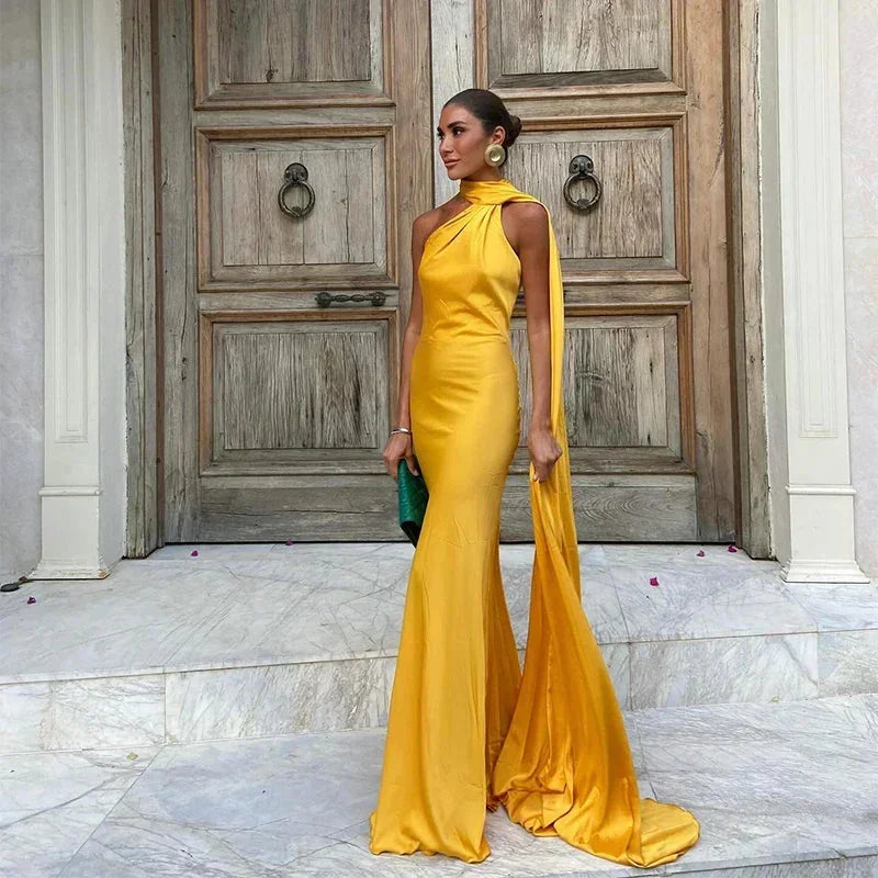Wren Satin Maxi Dress with High Halter Neckline - Yellow