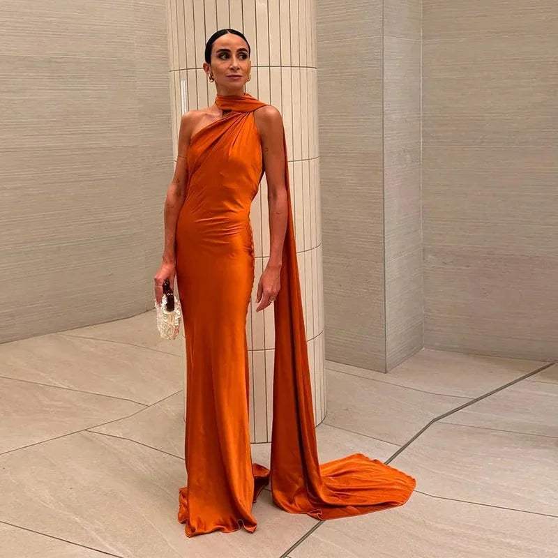 Wren Satin Maxi Dress with High Halter Neckline - Orange