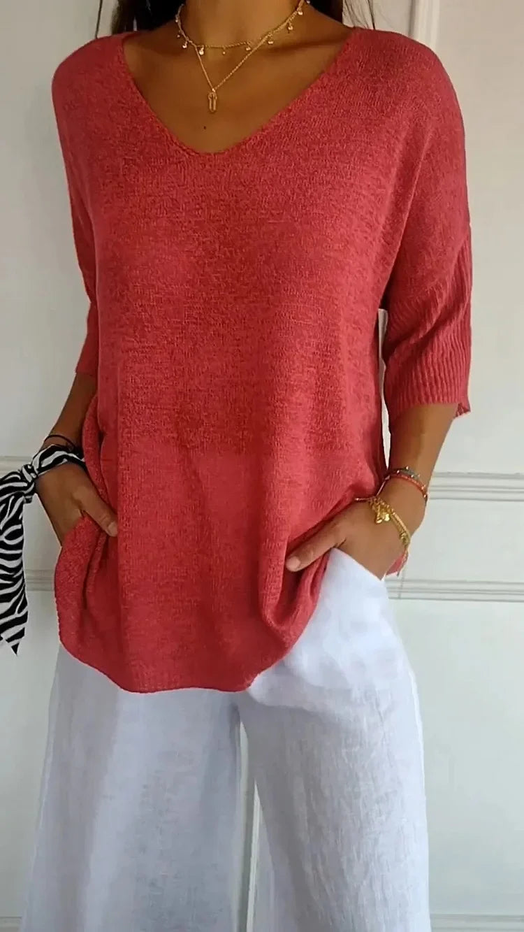 Xenia Fine-Knit Oversized Sweater with Side Slits - Red