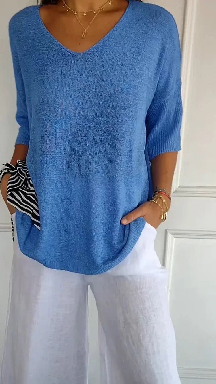 Xenia Fine-Knit Oversized Sweater with Side Slits - Blue