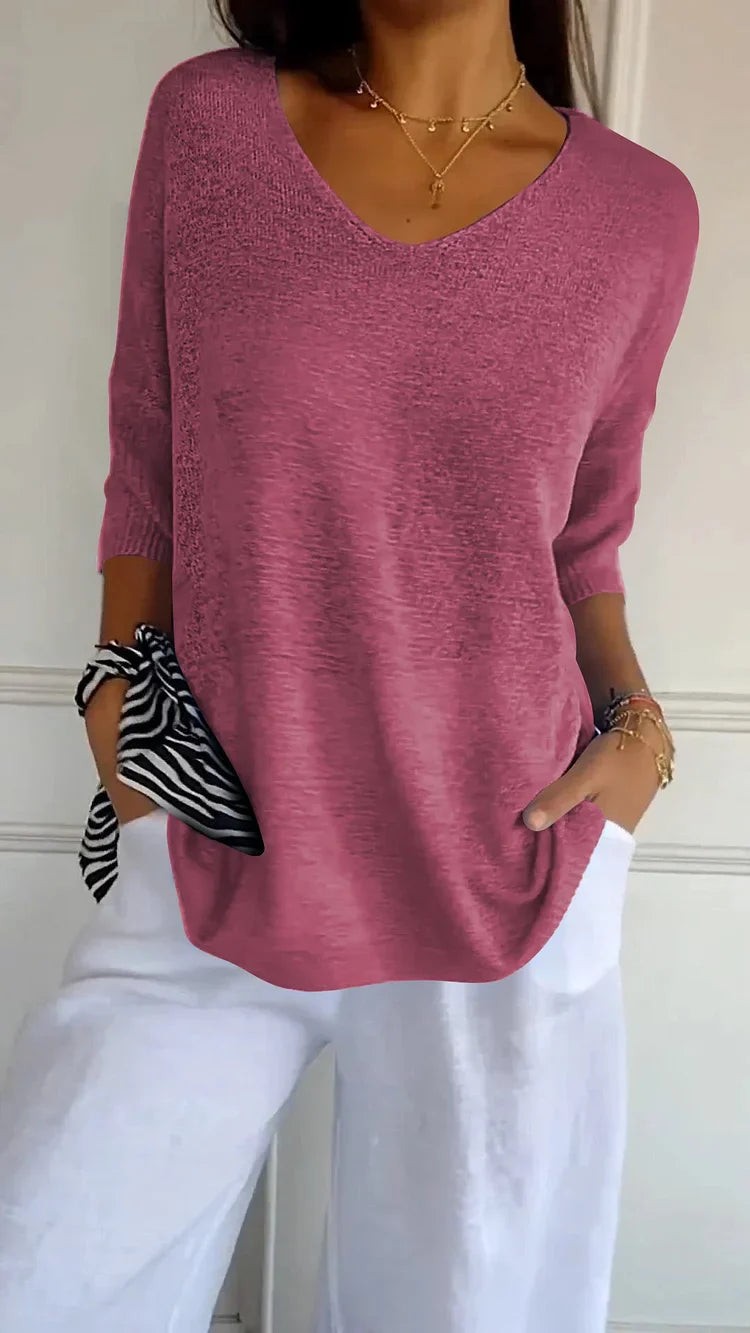 Xenia Fine-Knit Oversized Sweater with Side Slits - Rose Red