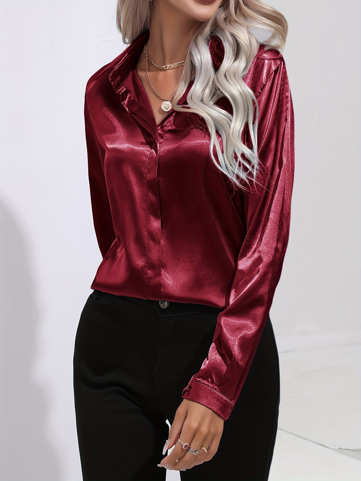 Zariah Satin Blouse with Button Placket for Women - Dark Red