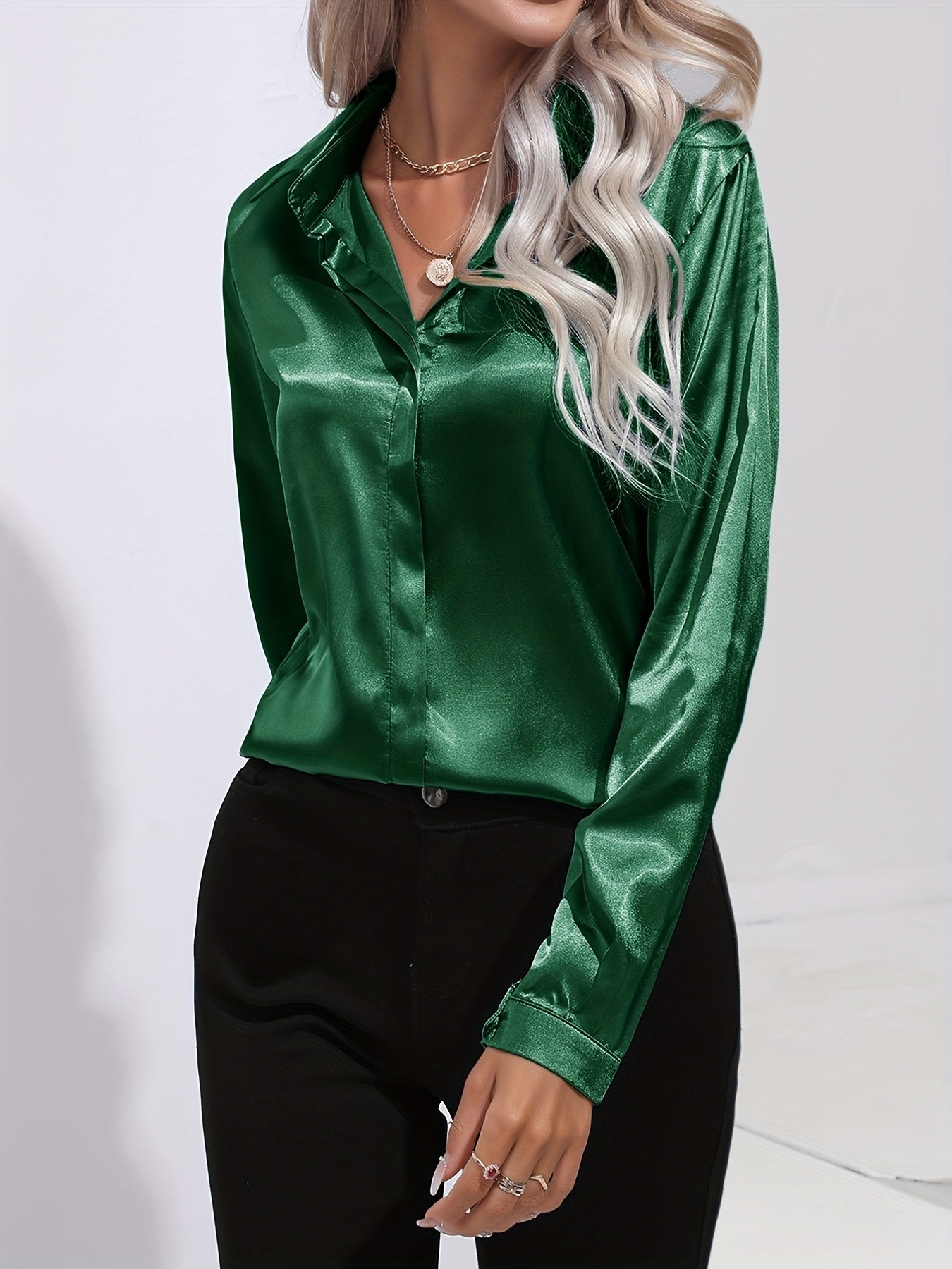 Zariah Satin Blouse with Button Placket for Women - Dark Green