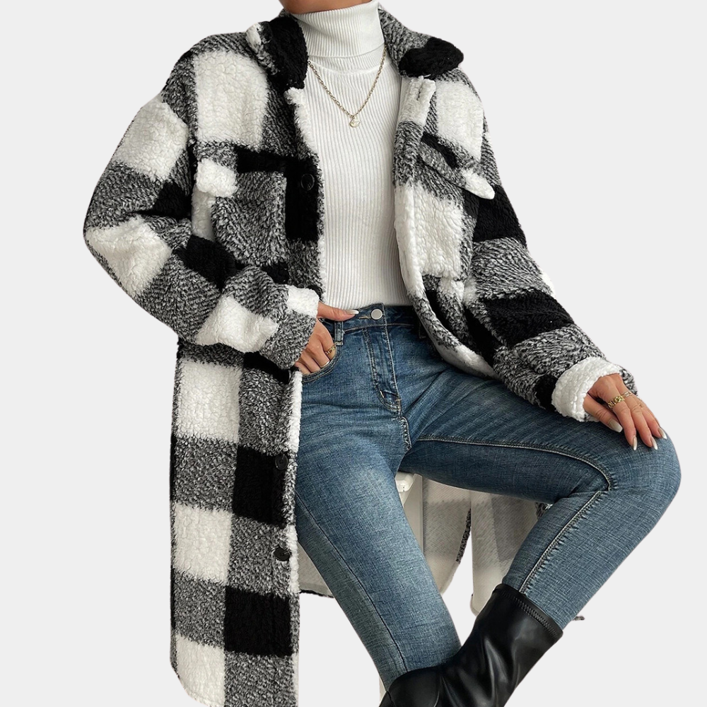 Zelia Plaid Teddy Coat with Button Front for Women