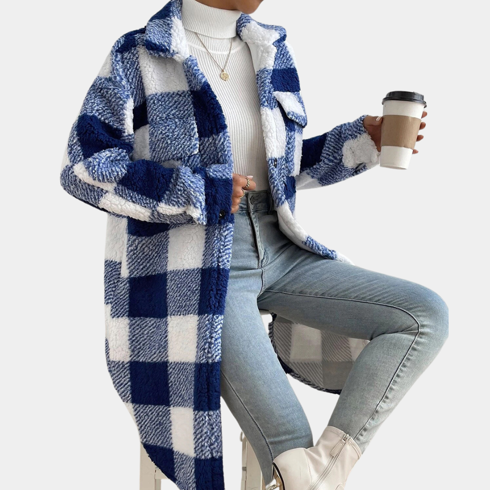Zelia Plaid Teddy Coat with Button Front for Women