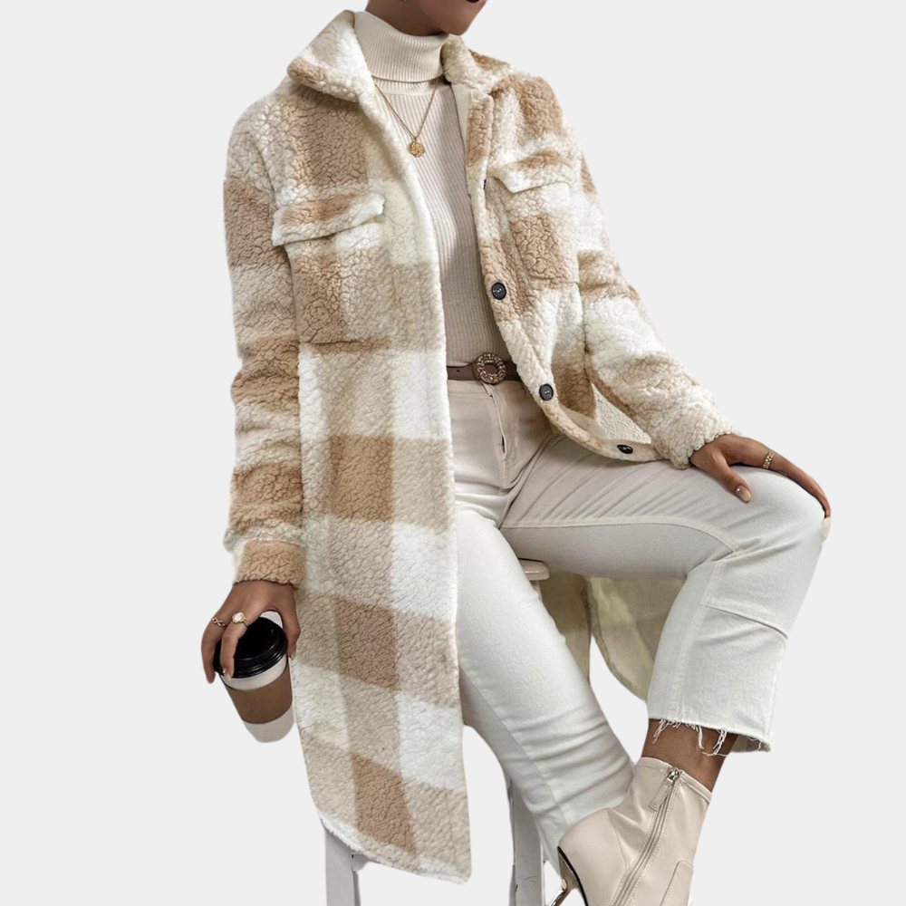 Zelia Plaid Teddy Coat with Button Front for Women