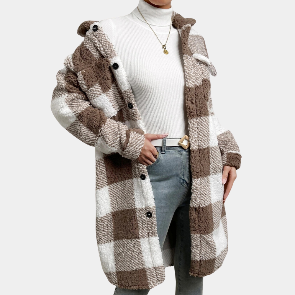 Zelia Plaid Teddy Coat with Button Front for Women - Brown