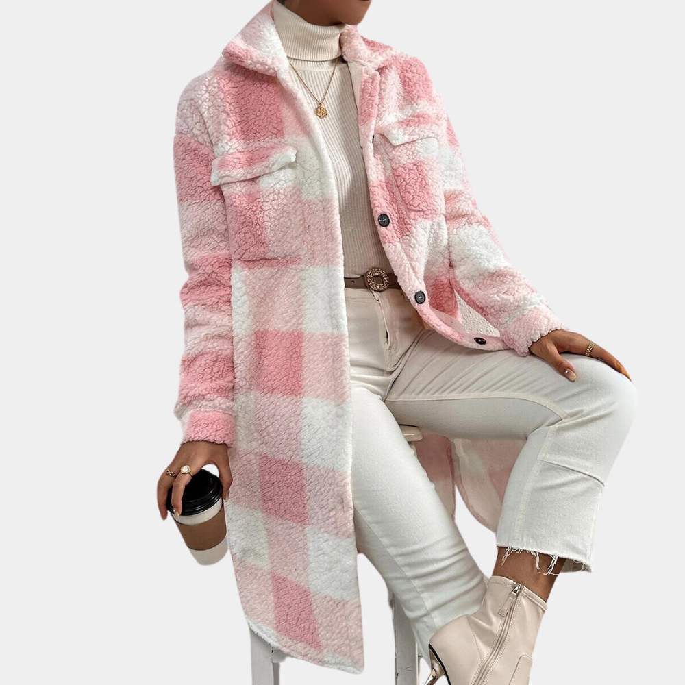 Zelia Plaid Teddy Coat with Button Front for Women - Pink