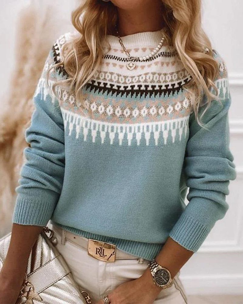 Zoe Nordic Pattern Sweater with Crew Neckline - Blue