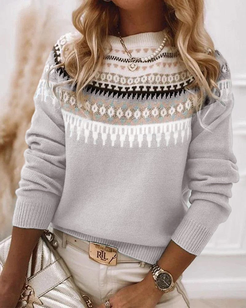 Zoe Nordic Pattern Sweater with Crew Neckline - Gray